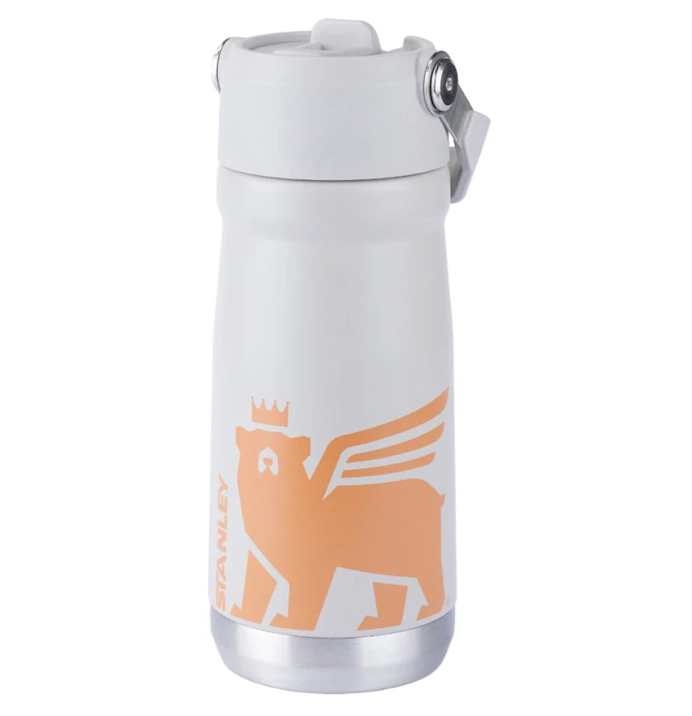 Garrafa Térmica Flip Straw Youth Stanley - 500ml branca com gráfico de leão, ideal para hidratação infantil segura e divertida.