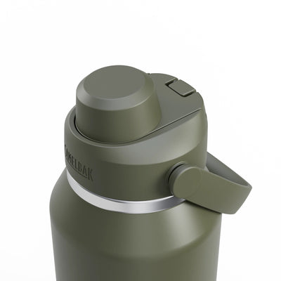 Garrafa Térmica Thrive Camelbak 1,18L em cor verde, com tampinha e alça para facilitar o transporte.
