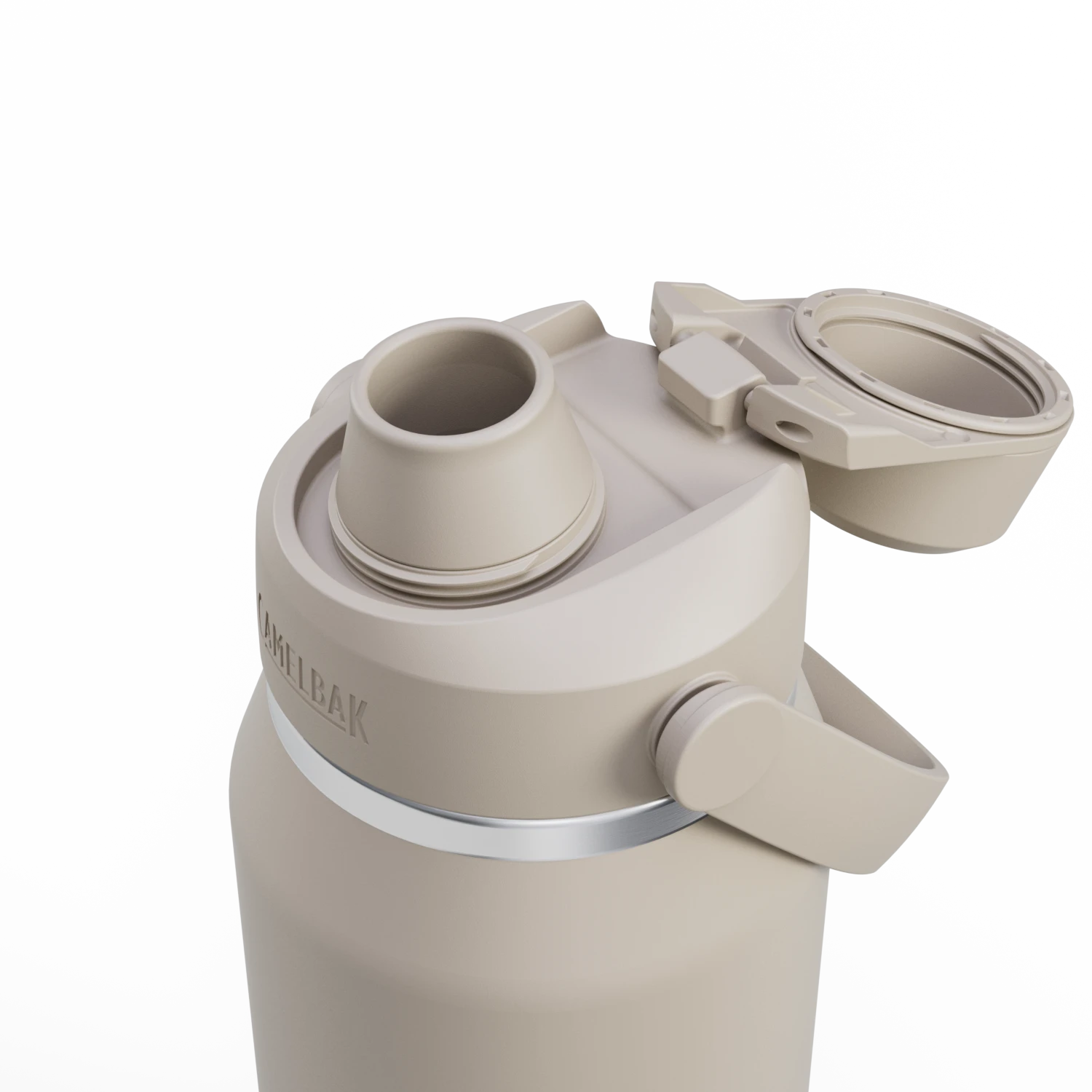 Detalhe da tampa da Garrafa Térmica Thrive Camelbak 946ml, com design funcional e fácil transporte.