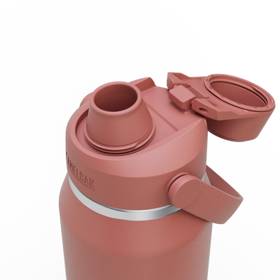 Garrafa Térmica Thrive Camelbak 946ml com tampa aberta, mostrando o bico e acabamento em rosa.