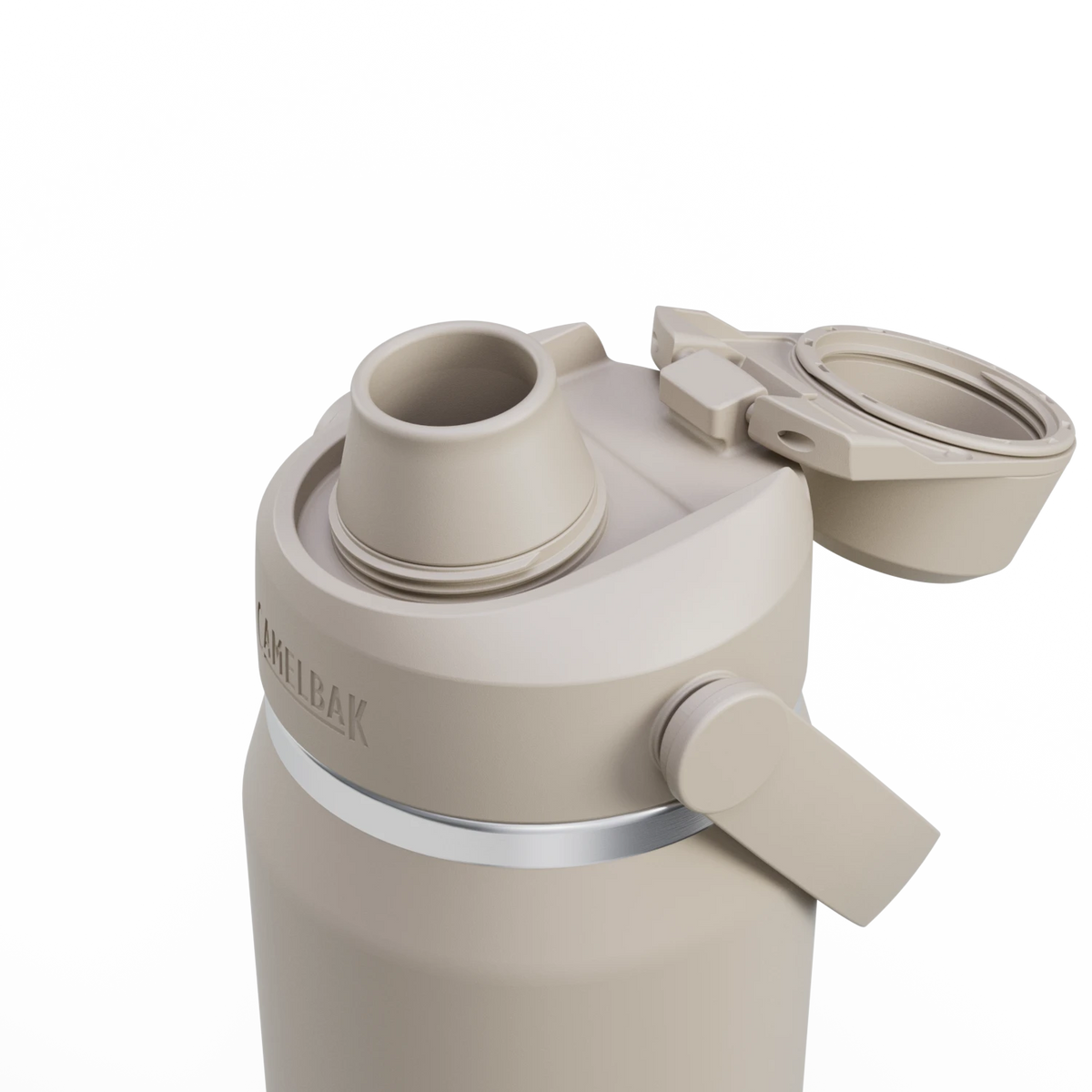 A close-up view of the lid and spout of the Garrafa Térmica Camelbak Thrive 740ml.