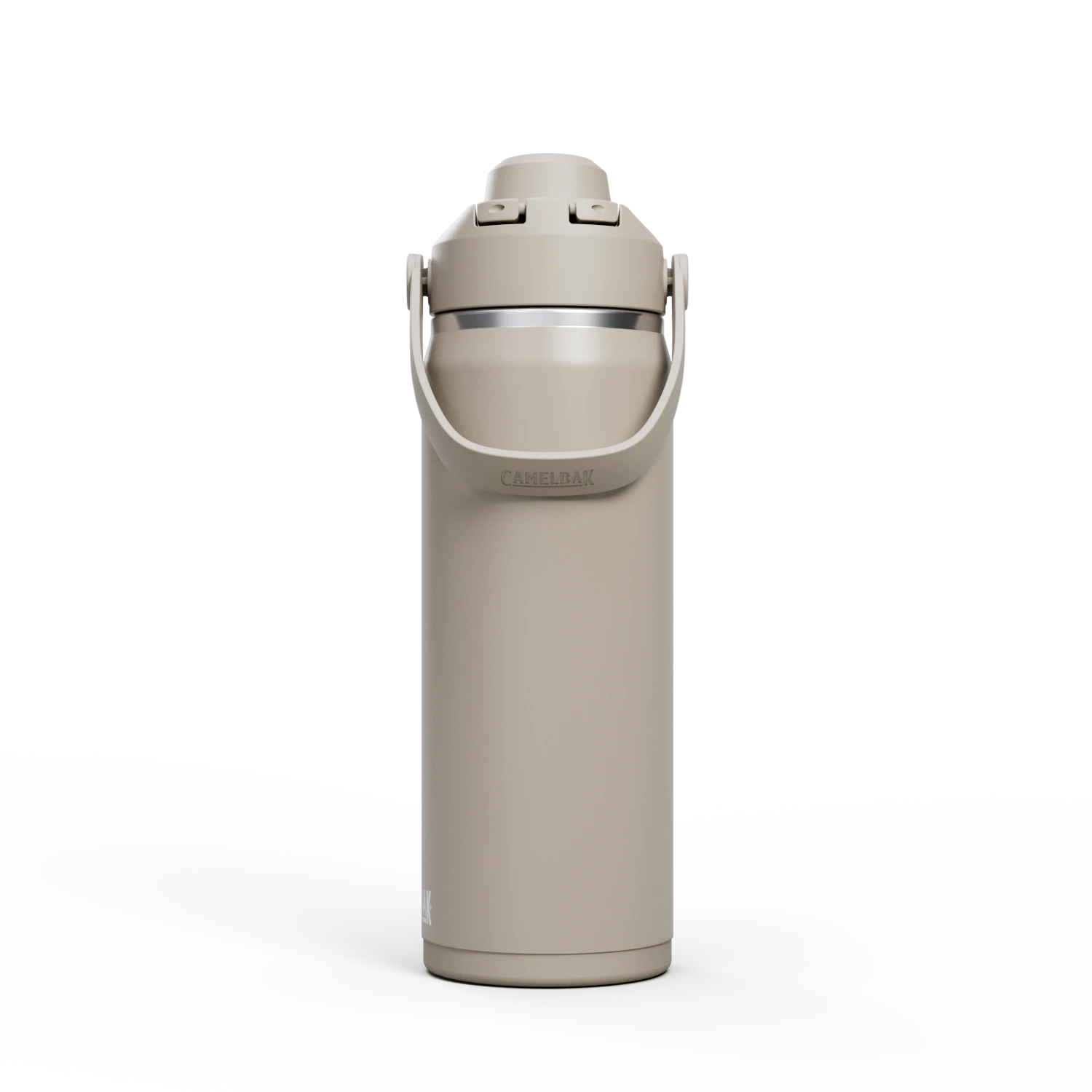 Garrafa Térmica Camelbak Thrive Chug 590ml em tom bege com alça para transporte.