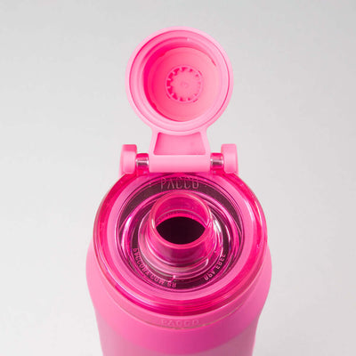 Garrafa Térmica PACCO Vyta 350ml em aço inox rosa com tampa aberta, destacando design ergonômico e vedação térmica para uso diário.
