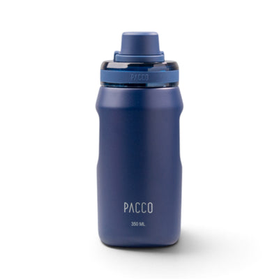 Garrafa Térmica PACCO Vyta 350ml azul, moderna e ergonômica, ideal para uso diário em aço inox de grau cirúrgico.