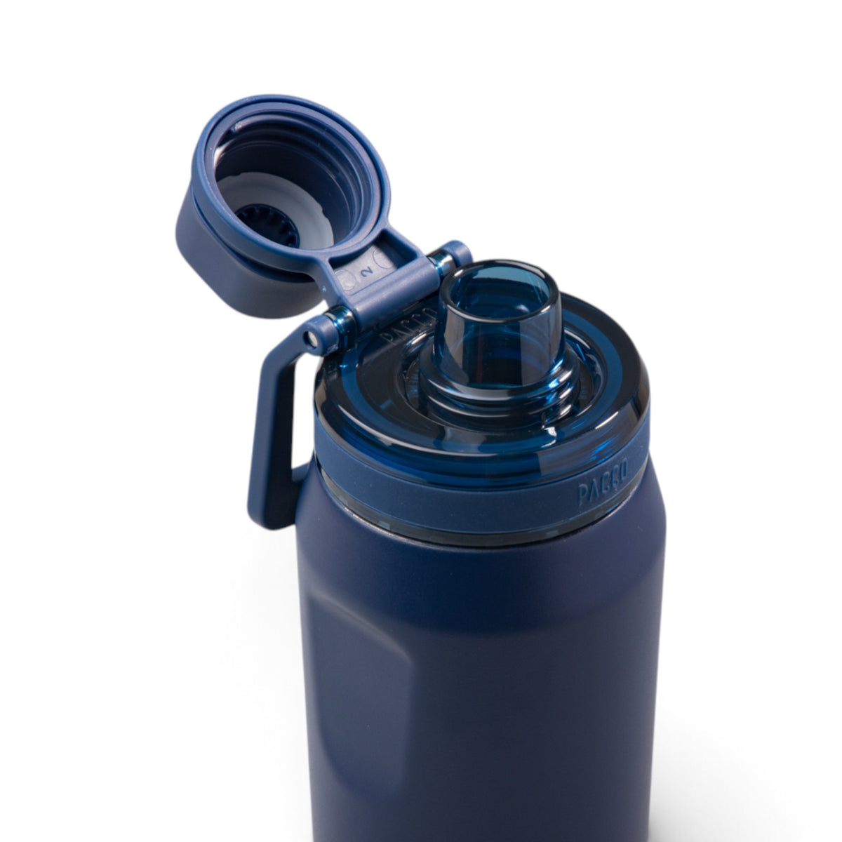Garrafa Térmica PACCO Vyta 350ml azul com tampa aberta, destacando design ergonômico e vedação eficiente.