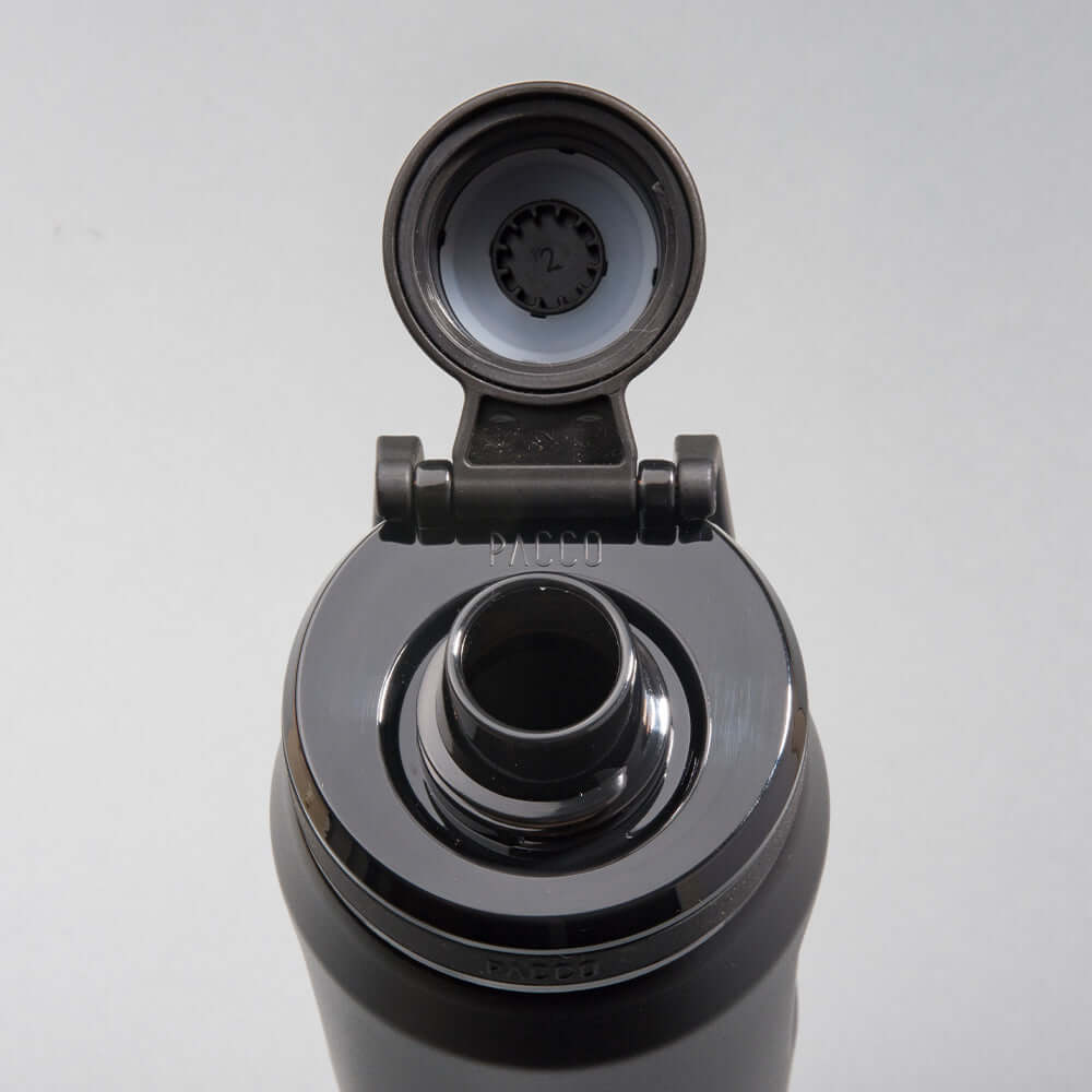 Visual da Garrafa Térmica PACCO Vyta 350ml mostrando a tampa aberta e design moderno em aço inox 18/10.