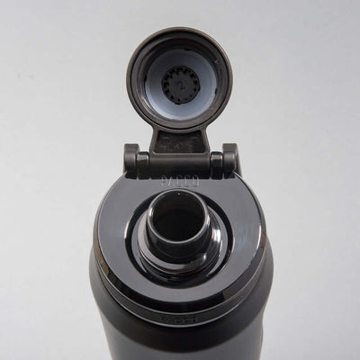 Visual da Garrafa Térmica PACCO Vyta 350ml mostrando a tampa aberta e design moderno em aço inox 18/10.