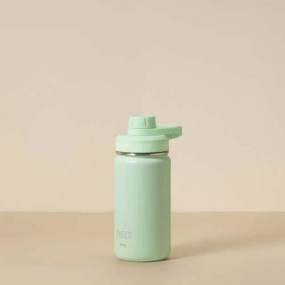 Garrafa Térmica PACCO Hydrav2 350ml verde em fundo neutro, design elegante, isolamento a vácuo para bebidas frias e quentes.