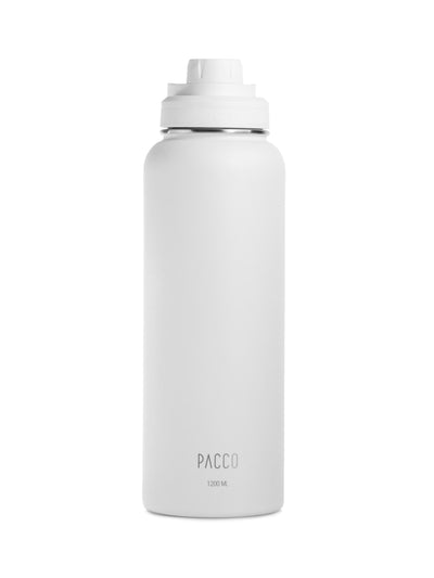 Garrafa Térmica PACCO Hydrav2 1200ml em cor branca, destacando seu design moderno e capacidade ampliada para bebidas quentes e frias.