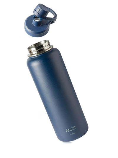 Garrafa Térmica PACCO Hydrav2 1200ml azul com tampa destacável, ideal para manter bebidas frias por 24 horas e quentes por 12 horas.