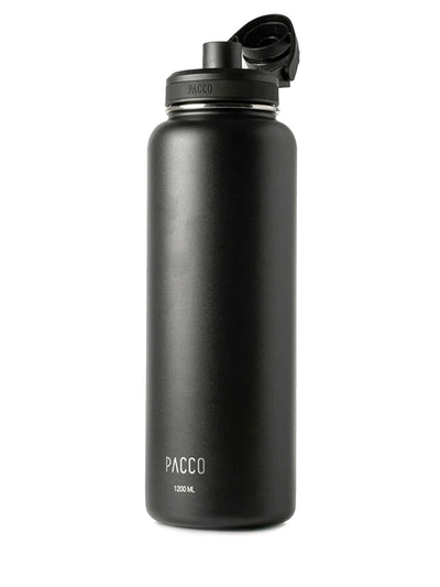 Garrafa Térmica PACCO Hydrav2 1200ml, preta, ideal para manter bebidas frias por 24h e quentes por 12h, com design moderno e durável.