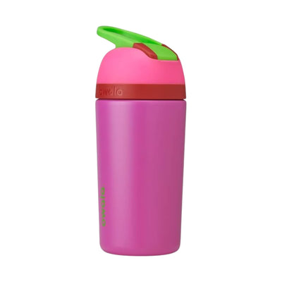 Garrafa Owala Flip Infantil Stainless Steel Termica | 14oz | 410ml em cor rosa com tampa verde.