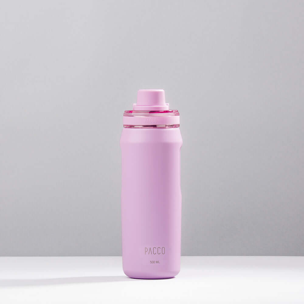 Garrafa Térmica PACCO Vyta 500ml em rosa, feita de inox 18/10, com isolamento térmico para bebidas por até 24 horas.