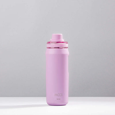 Garrafa Térmica PACCO Vyta 500ml em rosa, feita de inox 18/10, com isolamento térmico para bebidas por até 24 horas.