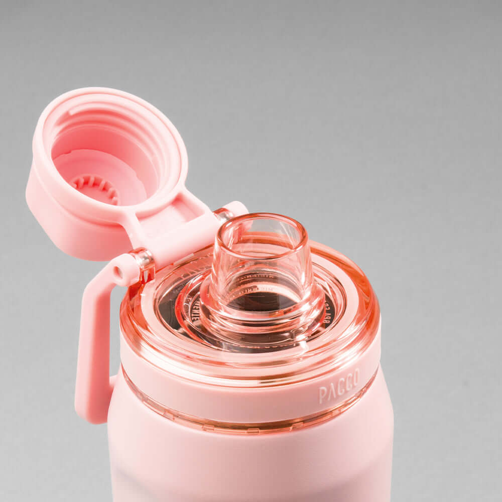 Detalhe da tampa rosa da Garrafa Térmica PACCO Vyta 500ml, com design sofisticado de abertura para fácil acesso.