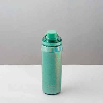 Garrafa Térmica Vyta 500ml PACCO | PEDRAS PRECIOSAS em aço inox, cor verde, destacando design sofisticado e eficiência térmica.