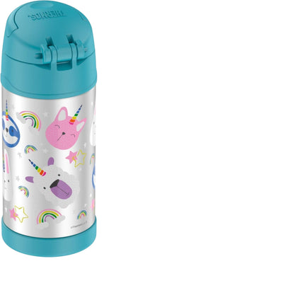 Garrafa Térmica Funtainer Thermos - 355ml com estampa colorida de unicórnios em aço inoxidável.