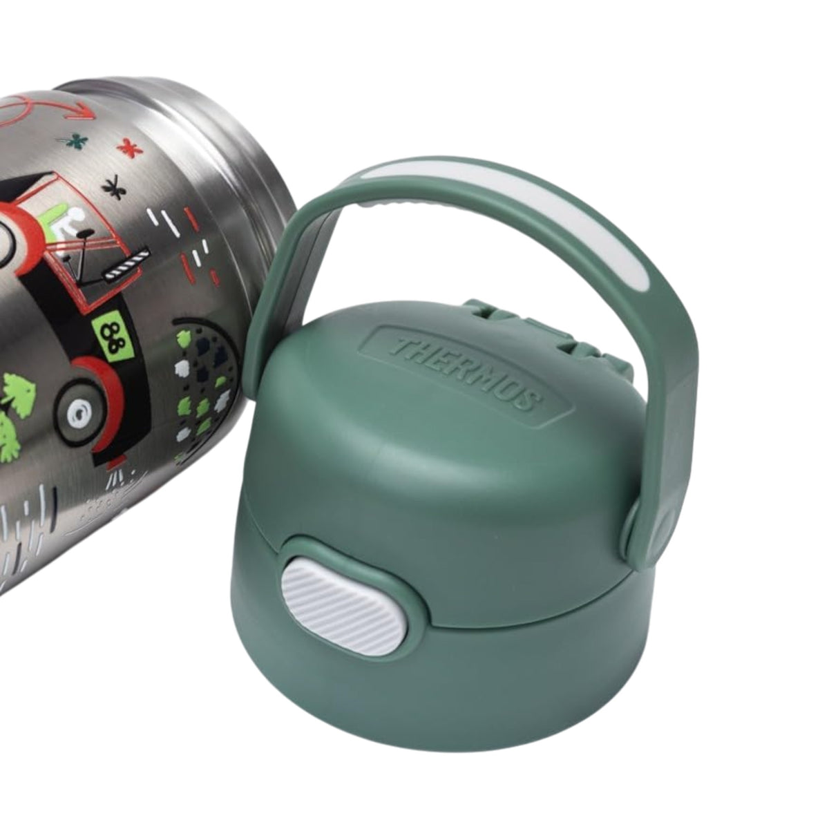 Tampa e alça da Garrafa Térmica Funtainer Thermos - 355ml com design infantil e proteção a vazamentos.