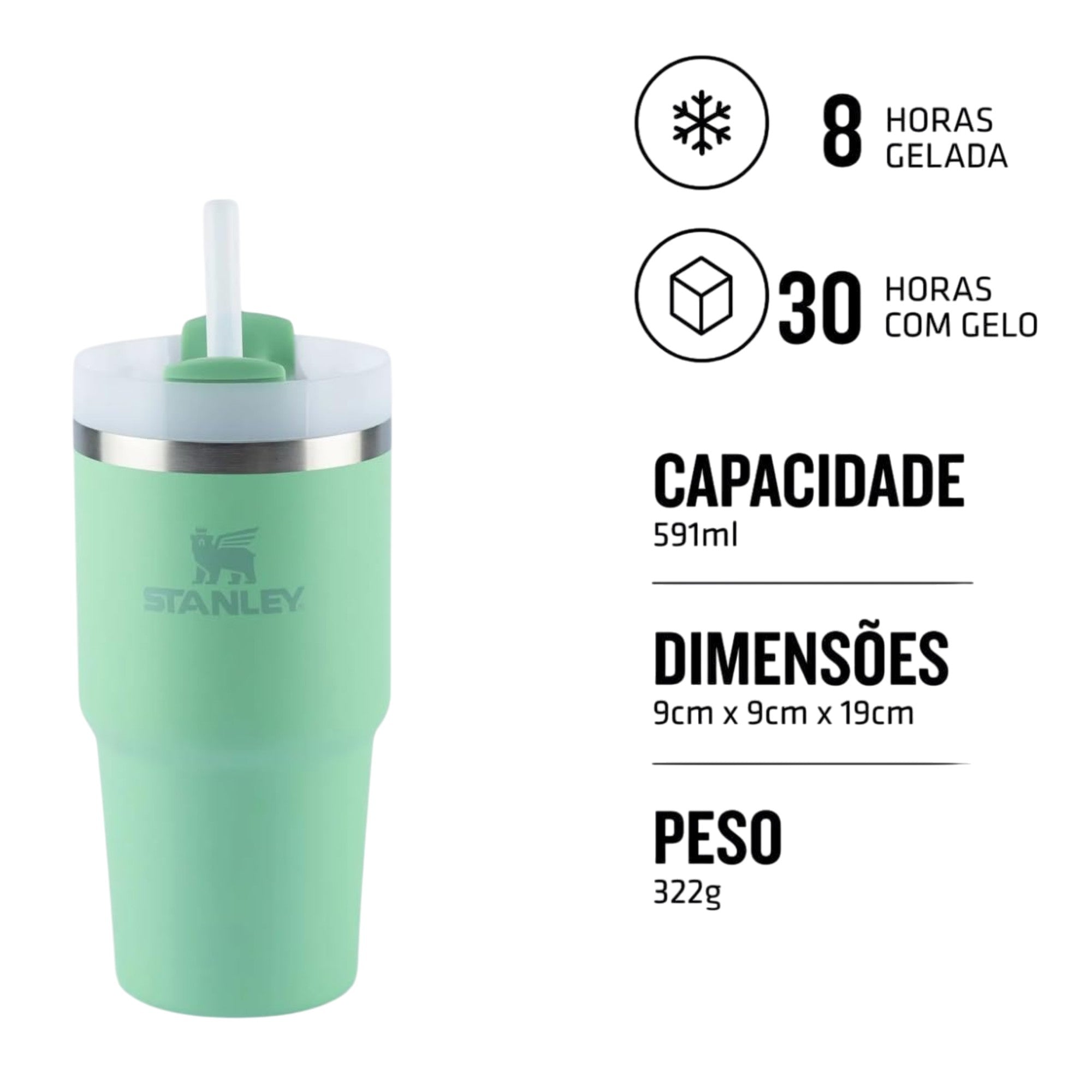 Copo Quencher com alça Stanley | 591ml verde com canudo reutilizável, mostrando capacidade e isolamento térmico.