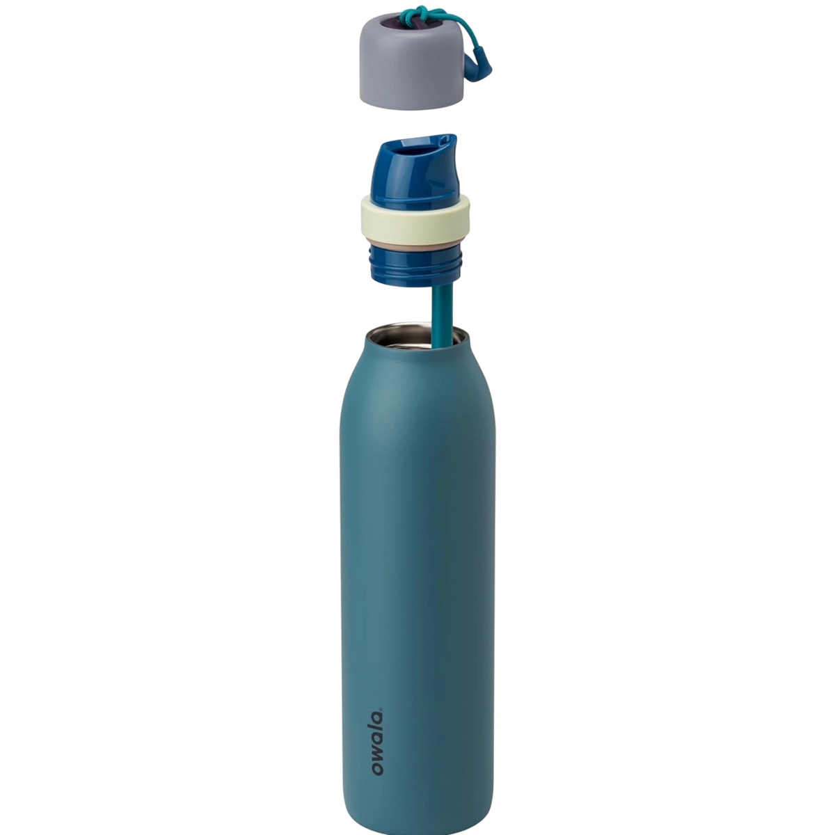 Garrafa Térmica Owala Twist 710 ml (24 oz) Denim, com a tampa aberta