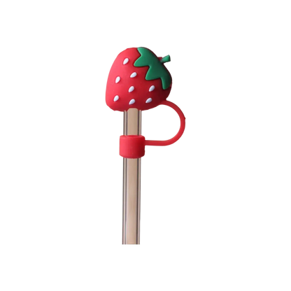 Protetor de Canudo Quencher - Variados com design de morango, feito em silicone flexível e atóxico, garantindo higiene e diversão.