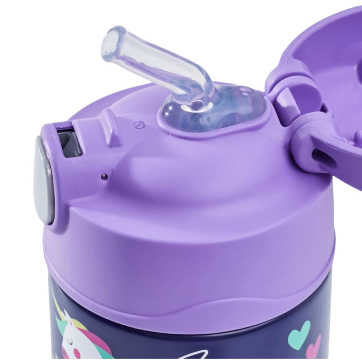 Tampa e canudo retrátil da Garrafa Térmica Funtainer Thermos - 355ml com design em roxo e elementos decorativos.