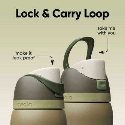 Tampas das garrafas térmicas Owala com alça de transporte e função à prova de vazamentos, destacando o design funcional.