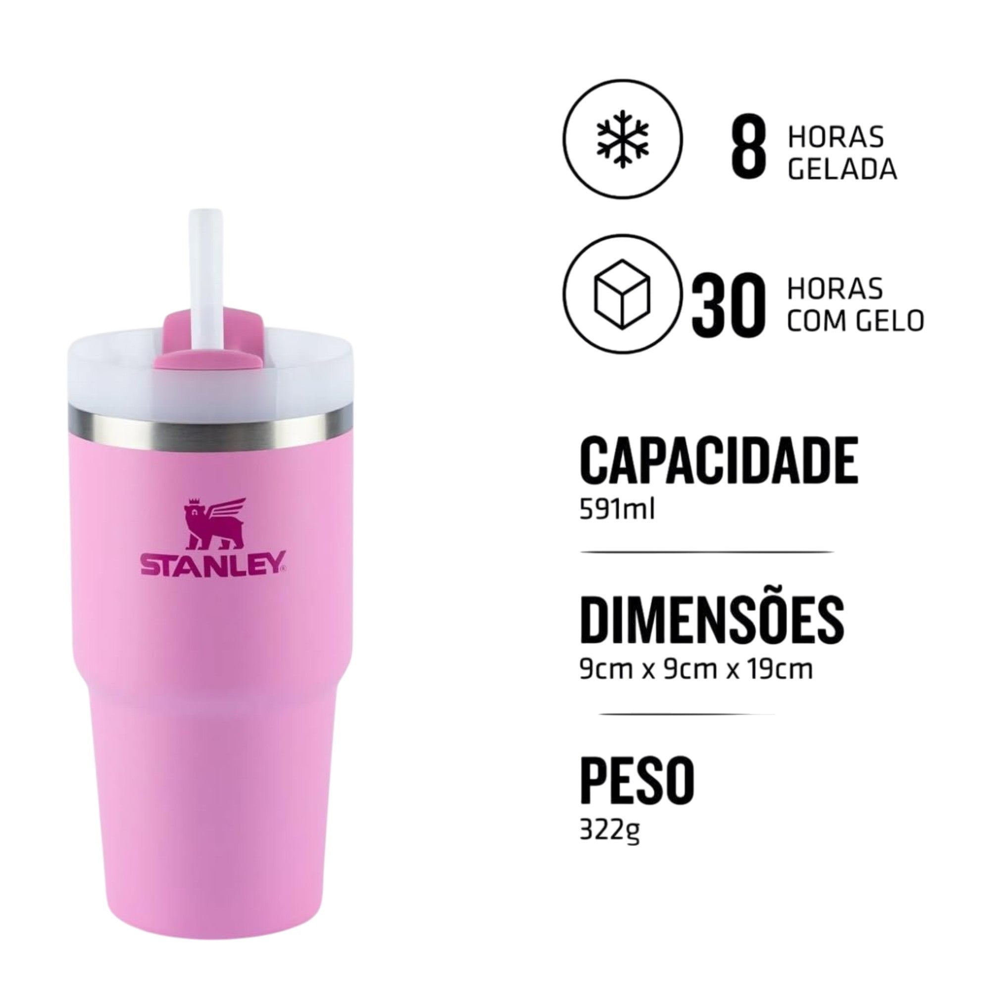 Copo Quencher com alça Stanley | 591ml em rosa, parede dupla, mantém gelado por 8h, com gelo por 30h, inclui canudo reutilizável.