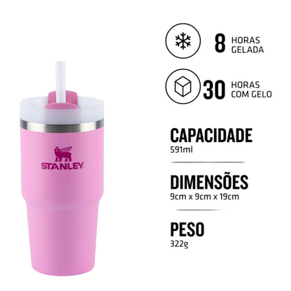 Copo Quencher com alça Stanley | 591ml em rosa, parede dupla, mantém gelado por 8h, com gelo por 30h, inclui canudo reutilizável.
