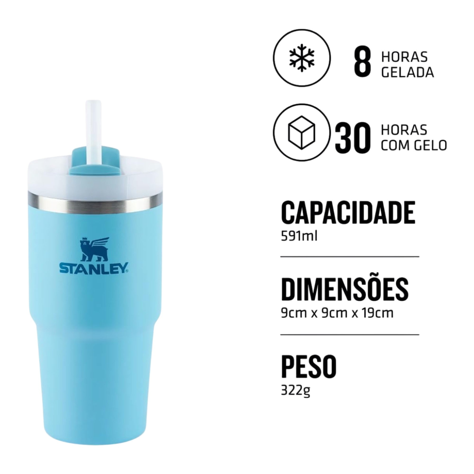 Copo Quencher com alça Stanley | 591ml, copo azul com isolamento a vácuo, canudo reutilizável e alça ergonômica, mantém 8 horas gelada e 30 com gelo.