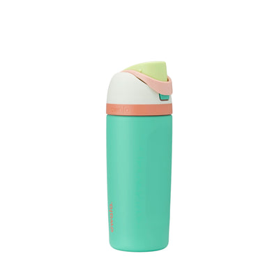 Garrafa Térmica Owala FreeSip - 470ml | 16oz, design moderno em verde e coral, com canudo embutido e abertura larga.