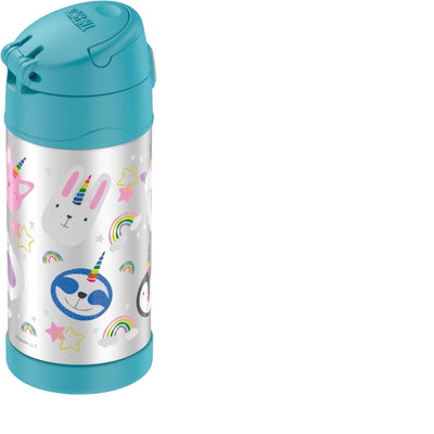 Garrafa Térmica Funtainer Thermos - 355ml com isolamento a vácuo, estampas e canudo retrátil, ideal para manter bebidas geladas.