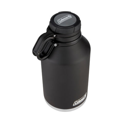 Growler 1,9L Preto Coleman com isolamento a vácuo em aço inoxidável, ideal para conservação térmica e transporte seguro de bebidas.