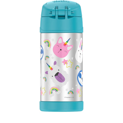 Garrafa Térmica Funtainer Thermos - 355ml com estampas de unicórnios coloridos e tampa azul, design divertido para manter bebidas geladas.