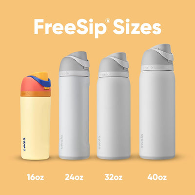 Tamanhos da Garrafa Térmica Owala FreeSip - 470ml | 16oz exibidos ao lado de outros volumes em fundo laranja.