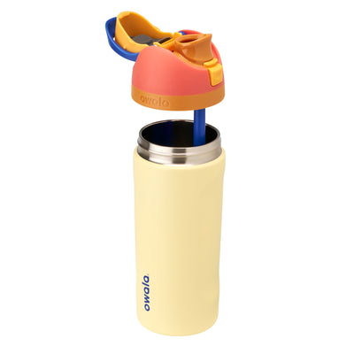 Garrafa Térmica Owala FreeSip - 470ml | 16oz com design inovador e bico FreeSip para diferentes formas de consumo, amarela com tampa colorida.