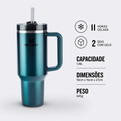 Copo Quencher Stanley 1,18L em aço inox reciclado com alta capacidade e design ergonômico, ideal para hidratação diária e durabilidade.