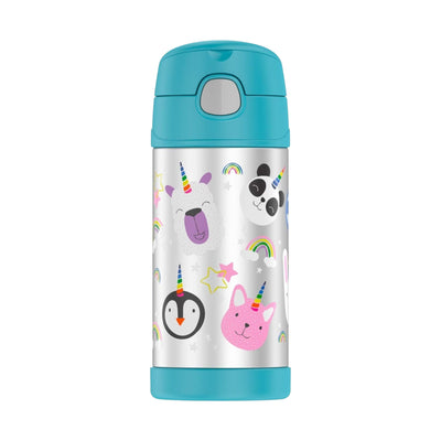 Garrafa Térmica Funtainer Thermos - 355ml com design de animais e estampas coloridas, ideal para manter bebidas geladas por 12 horas.