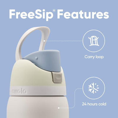 Garrafa Térmica Owala FreeSip - 1180ml | 40oz, destacando características como loop de transporte e 24 horas de capacidade térmica fria.
