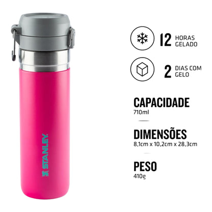 Garrafa Térmica Quick Flip Stanley - 710ml, isolamento a vácuo, mantém bebidas geladas por 12 horas, ideal para esportes e uso diário.