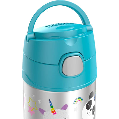 Garrafa Térmica Funtainer Thermos - 355ml com design colorido e tampa azul, ideal para manter bebidas frias por até 12 horas. Hidratação prática e segura.