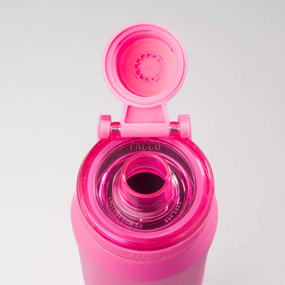 Garrafa Térmica PACCO Vyta 650ml rosa com tampa aberta, destacando a vedação e o bico para beber.