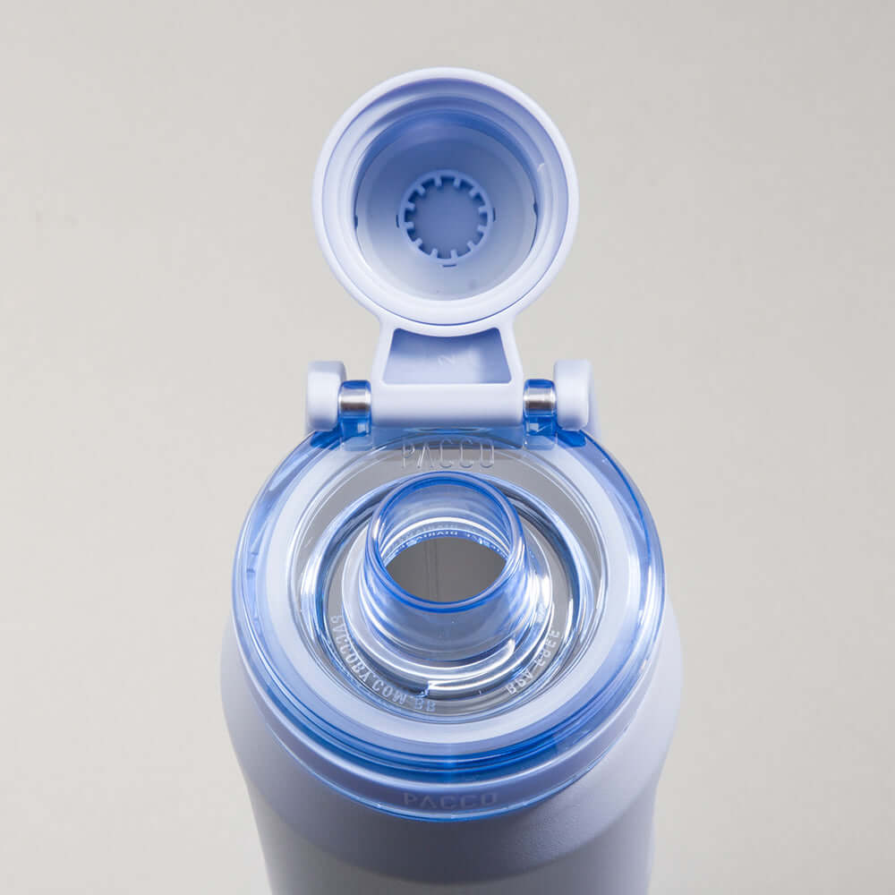 Garrafa Térmica PACCO Vyta 650ml Selos de Viagem Lavanda, com a tampa aberta, de frente