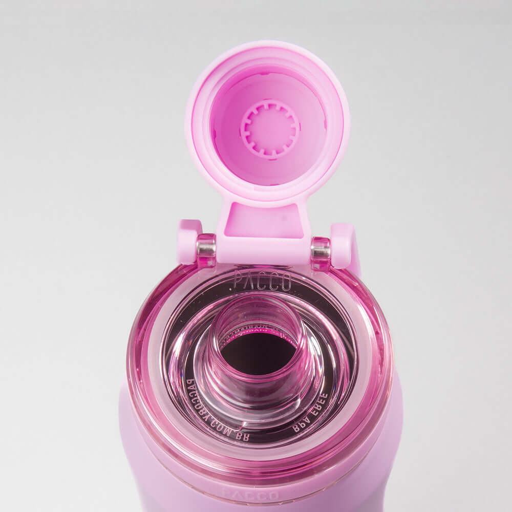 Detalhe da Garrafa Térmica PACCO Vyta 650ml rosa, mostrando a tampa aberta e o design do bocal.
