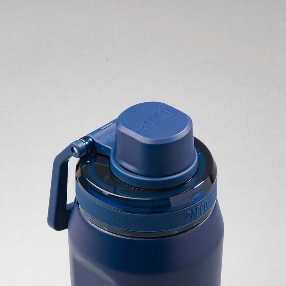 Garrafa Térmica PACCO Vyta 650ml em aço inox, tampa azul destacada, design moderno.