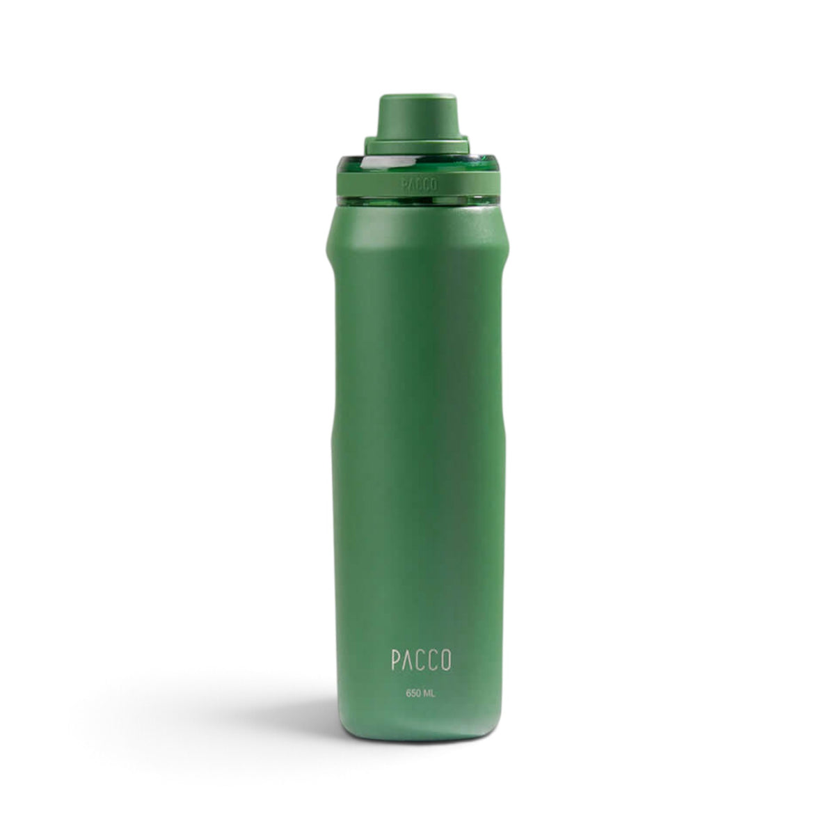 Garrafa Térmica PACCO Vyta 650ml verde em aço inox de alto padrão, destacando qualidade e durabilidade.