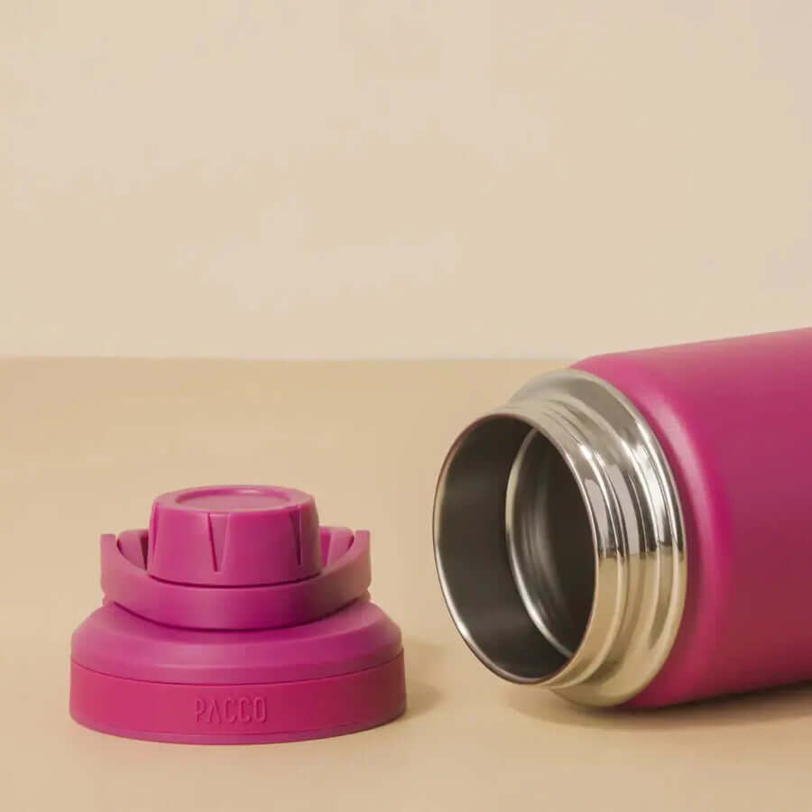 Garrafa Térmica PACCO Hydrav2 650ml rosa com tampa destacada, isolamento a vácuo.