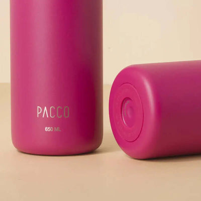 Garrafa Térmica PACCO Hydrav2 650ml em cor rosa, com design moderno e isolamento térmico eficiente para bebidas quentes e frias.