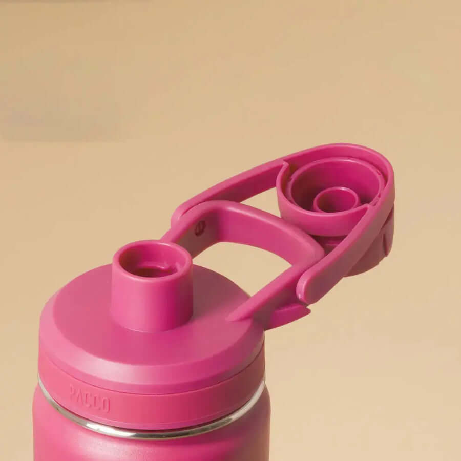 Tampa da Garrafa Térmica PACCO Hydrav2 650ml em rosa, destacando o design ergonômico e desempenho térmico eficiente.