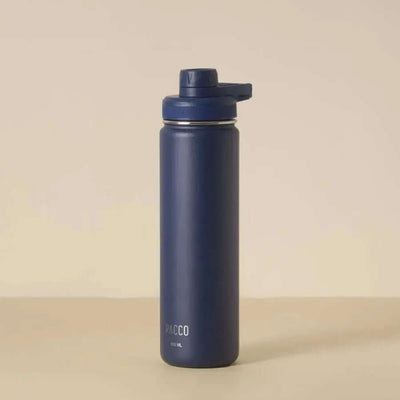 Garrafa Térmica PACCO Hydrav2 650ml com design sofisticado em azul, mantendo bebidas frias por até 24h e quentes por até 12h.
